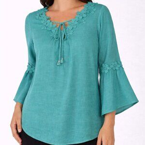 NY Collection Teal Bell Sleeve Blouse Crochet Floral Trim 3/4 Sleeve Size PL NWT